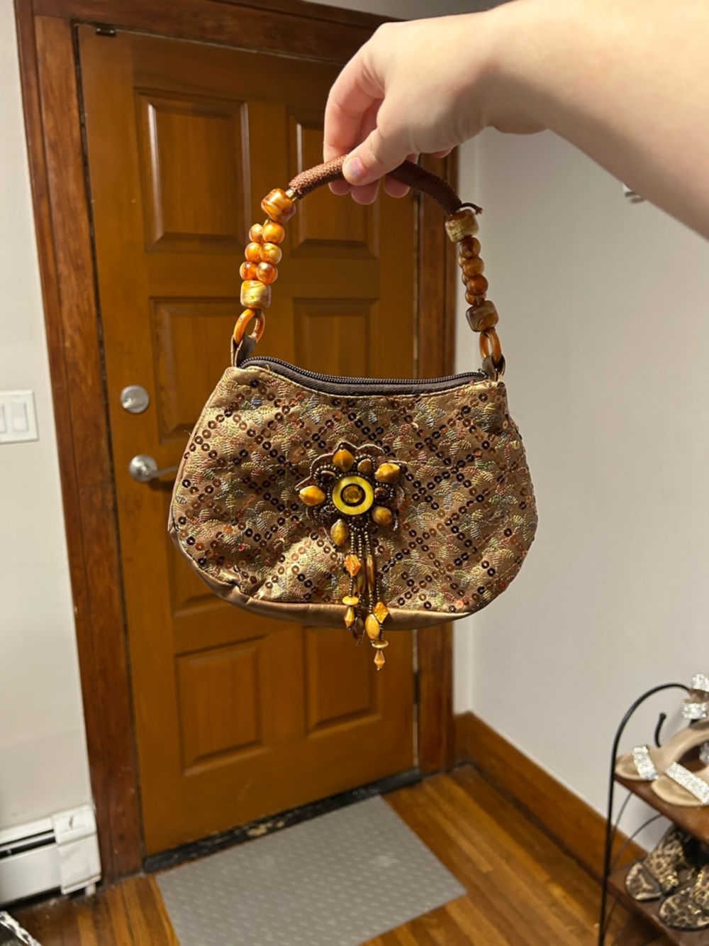 Brown Beaded Floral Accent Evening Bag